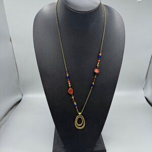 VTG CMC Beaded Necklace With Gold Tone Pendant & Semi-Precious Stones